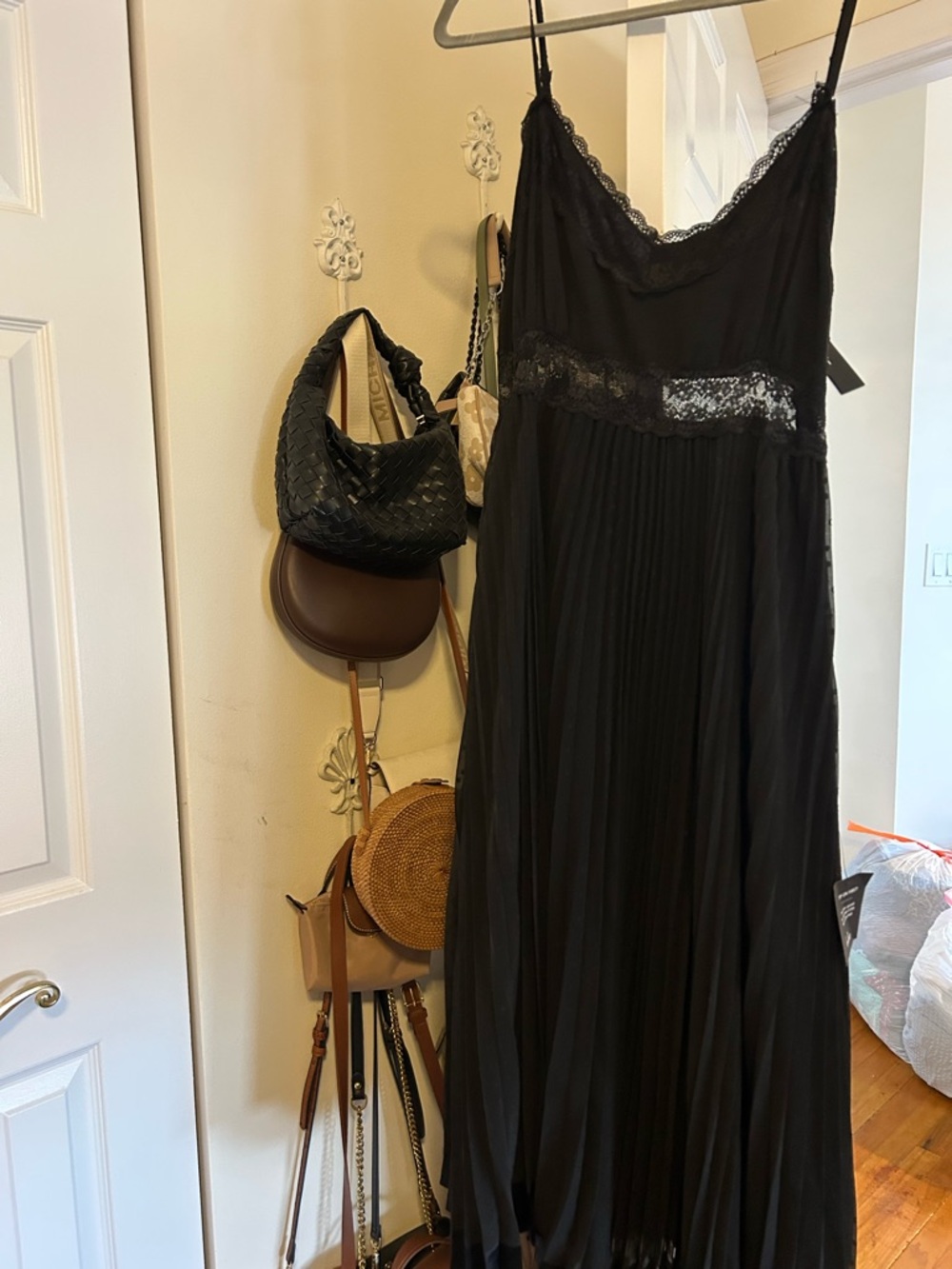 Lulu's Black Lace-Trim Pleated Maxi Slip Dress